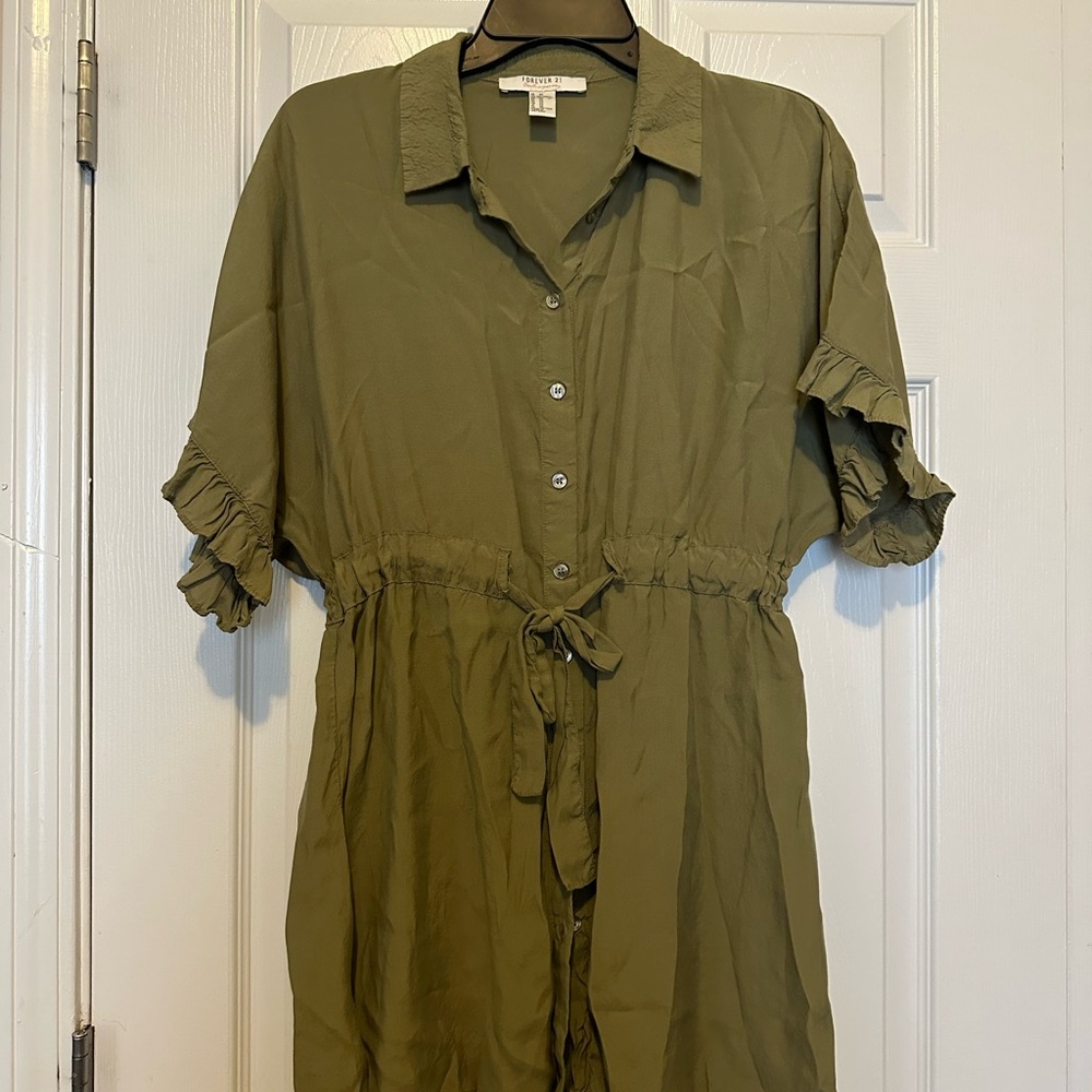 Army Green Button-Up Romper Dress with Ruffle Sleeves
